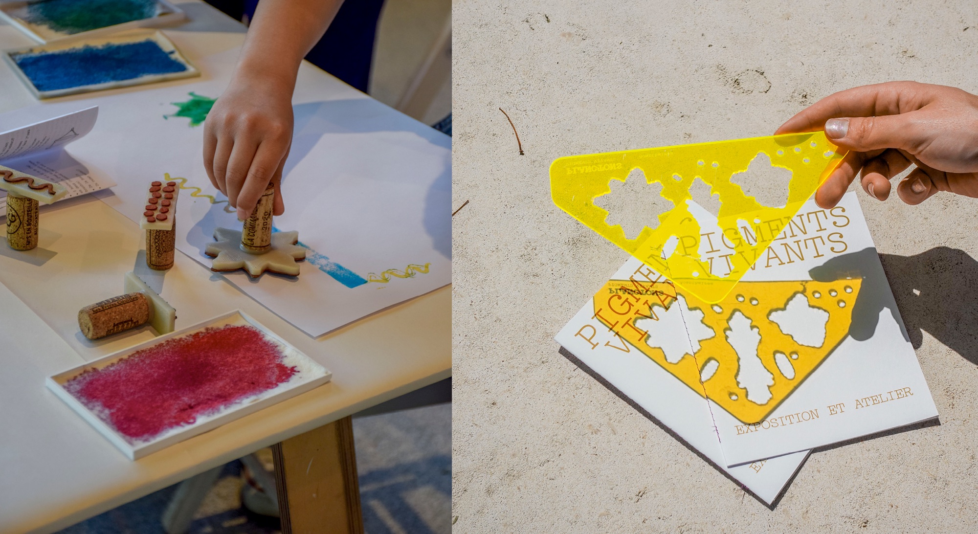 Tampons et encres à l’atelier, normographe jaune sur l’édition Pigments Vivants