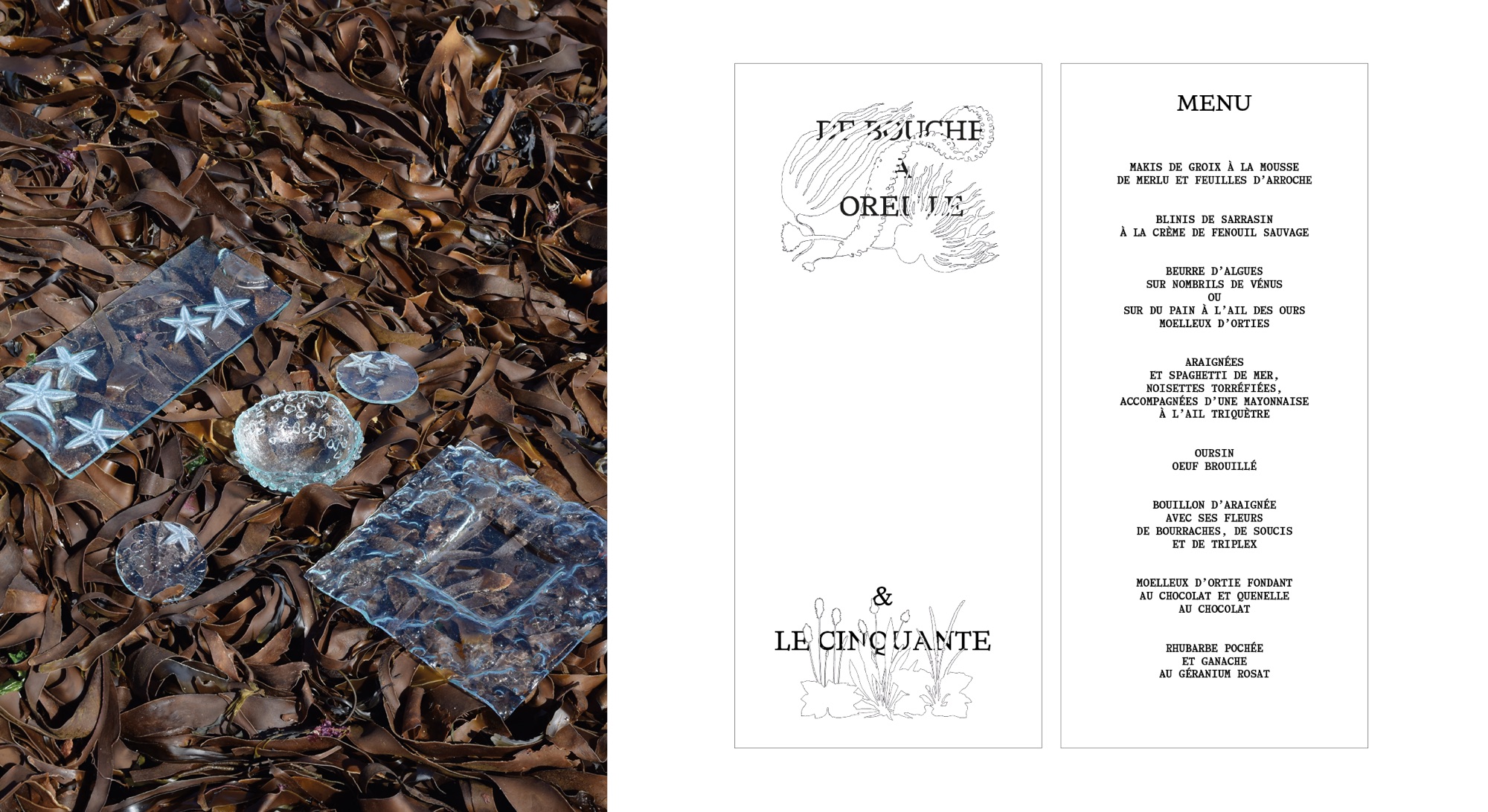 Assiettes en verre posées sur des algues, à côté du menu De Bouche à Oreille & Le Cinquante
